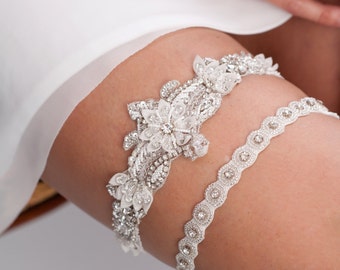 luxury bridal garter set, wedding garter set, beaded garter set, high end garter set, bridal garter set, keepsake and toss garter - Oxana