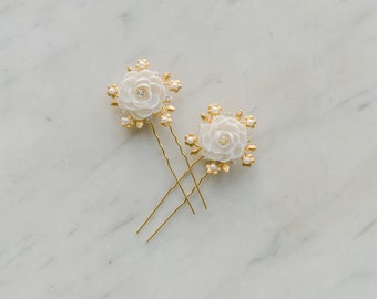 wedding hair pins,  bridal floral pins, bridal hair pins, hair pins with clay flowers, crystal and pearls, DOUCEUR style 21011