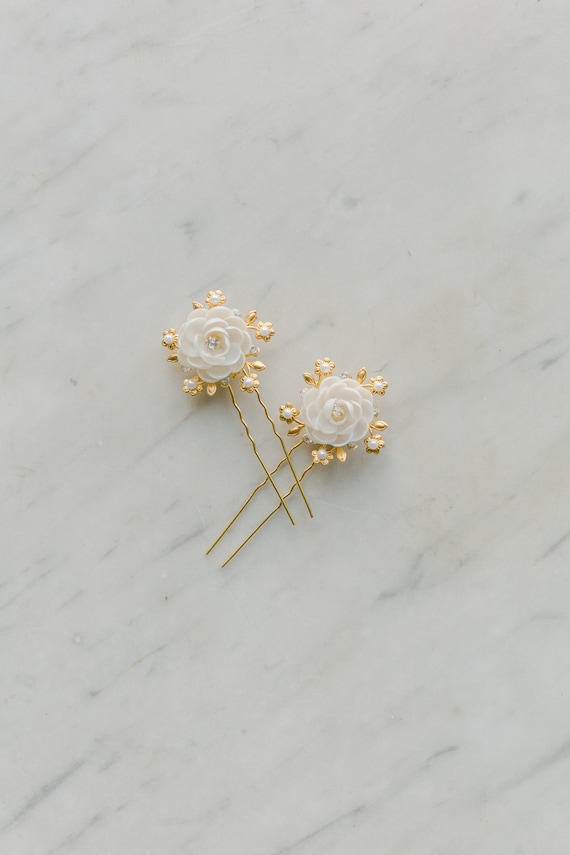 Floral Wedding Hair Pins, Pearl Clay Flowers, Gold Tone (set  display picture 2