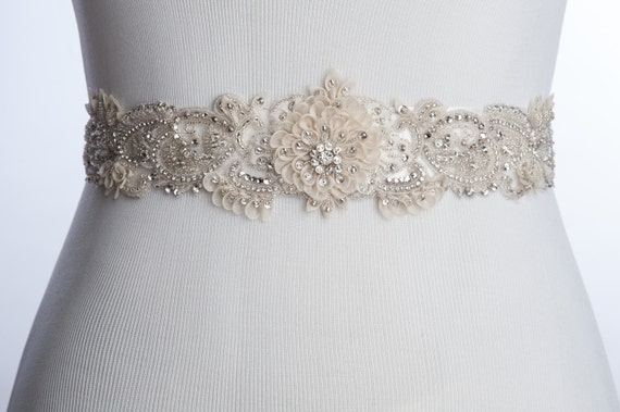 Ivory Bridal Sash, Silk Petals, Rhinestone Beaded Wedding 