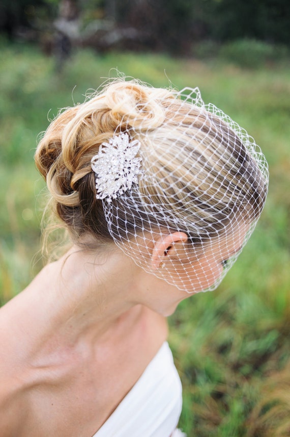 Wedding Birdcage Veil, Rhinestone Comb Veil, Blusher Veil  display picture 2