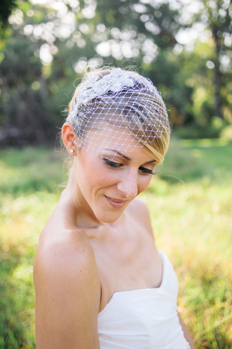 Wedding veils, silver crystal lace Birdcage veil , petite birdcage veil celestyn image 4