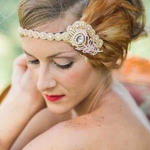 1920s headpiece gold, flapper headband, Feathers headband, gastby headband, 1920s wedding headpiece, gatsby headpiece, fascinator - Bianca