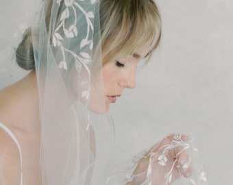 hand painted bridal veil, wedding veil with hand painted baby breath flowers and pearls style 22021