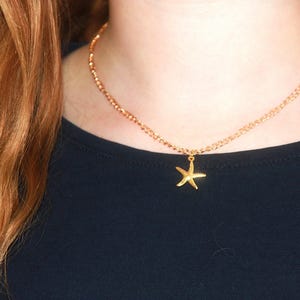 Può includere: Una collana con pendente a forma di stella marina dorata. La collana presenta una catena sottile e un ciondolo a forma di stella marina. La collana è indossata su un top blu scuro.