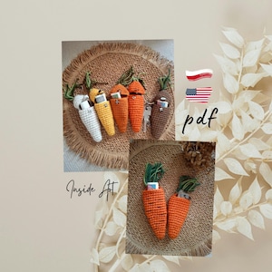 Pode incluir: Bolsas de crochê em forma de cenoura em várias cores, incluindo branco, amarelo e marrom, com topos verdes. Algumas bolsas contêm chaves ou pequenos objetos. A palavra "pdf" é visível.
