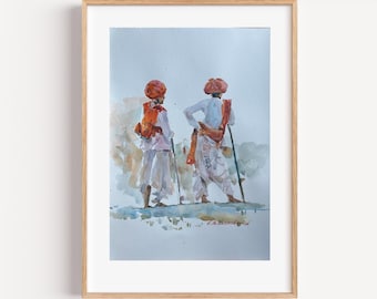 Original Watercolor Painting | Rajasthani Men with Turbans, Indian Culture