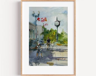 Original Watercolor Painting – Canadian Town Square with Cyclists (21x34cm)