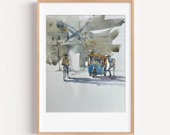 Whispers. Original Watercolor Painting, Urban Street Scene, 14x17in Original Painting