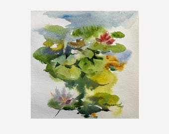 Calming Nature Wall Art – Water Lily Watercolor Original Painting
