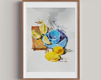 Blue Cup and Citrus, Original Watercolor Still Life Painting, Kitchen Decor