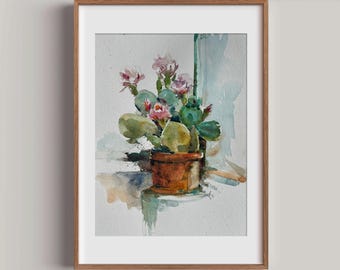 Cactus Plant and flowers Still Life Watercolor Original Painting