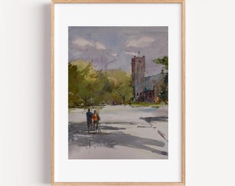 Original Watercolor Painting | Country Church, Couple Strolling