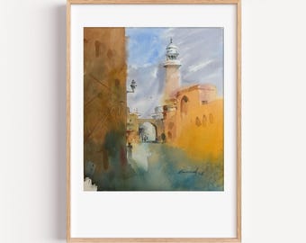 Old City Morning – Original Watercolor Painting of Wazir Khan Mosque, Lahore | 10x11.5in Urban Landscape Art Street