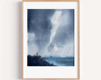 Original Lighthouse Seascape Watercolor | Coastal Storm Painting (9x12 in)