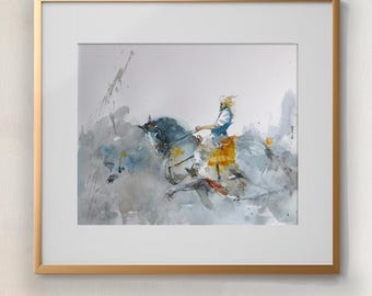 Equestrian Battle Watercolor Painting | Abstract Dynamic Action Art (30x40cm)