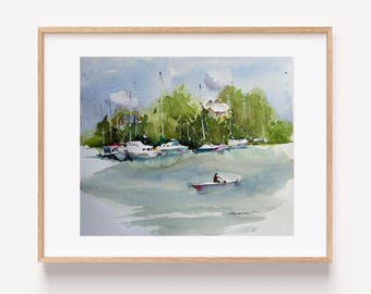 Original Watercolor Harbor Painting | Coastal Sailboat Seascape (17x14 in)