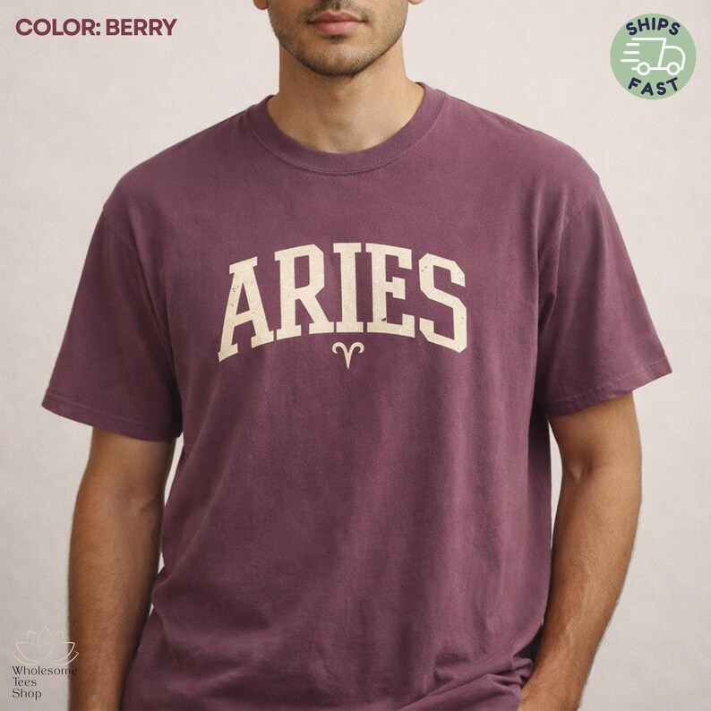 May include: Berry-colored t-shirt with the word "ARIES" in a white, collegiate-style font across the chest. The Aries zodiac symbol is below the word. The shirt has short sleeves and a crew neck.