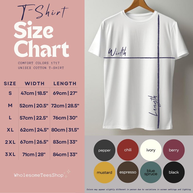 May include: White unisex cotton t-shirt on a wooden hanger. The shirt has a blue vertical line and a horizontal line, with the words "Width" and "Length" written on it. A size chart with measurements in inches and centimeters is on the left, along with color swatches.