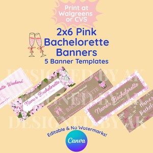 Könnte beinhalten: Rosafarbene Junggesellinnenabschied-Banner, 2x6 Zoll (ca. 5 x 15 cm), mit anpassbaren Vorlagen. Das Design umfasst florale Akzente, Sektgläser und Text wie "Name's Bachelorette". Die Banner sind editierbar und mit Canva gestaltet.