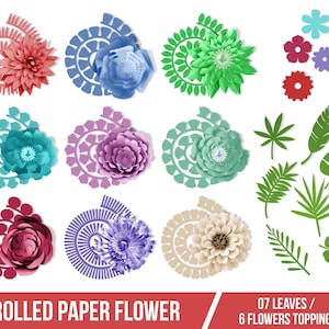 May include: A collection of colorful rolled paper flowers and leaves in various shades of red, blue, green, purple, and white. The image includes the text "ROLLED PAPER FLOWER" and "07 LEAVES / 6 FLOWERS TOPPING".