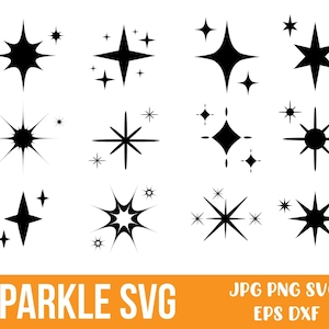 Può includere: Una collezione di dodici icone distinte di stelle e scintille nere disposte in una griglia. Ogni grafica presenta raggi appuntiti e forme geometriche uniche, che vanno da stelle a quattro punte a esplosioni di raggi. Il testo SPARKLE SVG JPG PNG SVG EPS DXF è visibile.