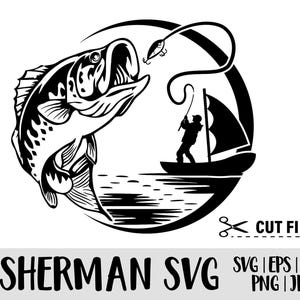 May include: A black and white graphic design featuring a large fish jumping out of the water toward a fishing lure. A silhouette of a person in a small sailboat with a mast is visible in the background. The text CUT FILES, FISHERMAN SVG, SVG, EPS, DXF, PNG, JPG is present.