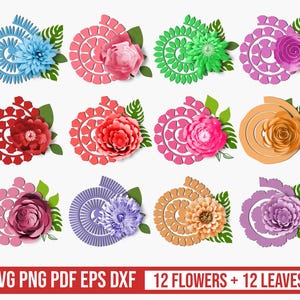Può includere: Una collezione di dodici fiori di carta colorati e dodici foglie verdi, ognuno con un design unico. I fiori sono in vari colori, tra cui blu, rosa, rosso, verde, arancione e viola. Il testo in basso recita: SVG PNG PDF EPS DXF 12 FLOWERS + 12 LEAVES.