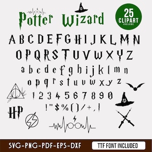 May include: A digital graphic design featuring a wizard-themed font set. The design includes the alphabet, numbers, symbols, and various themed clip art elements. The words "Potter Wizard" are displayed in green.