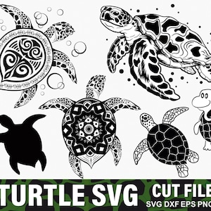 May include: Black and white SVG cut files featuring six different turtle designs. The turtles include detailed illustrations and silhouettes, with various patterns and styles. The image also includes the text "6 Turtle SVG Cut Files".