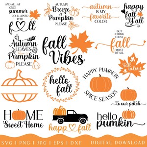 May include: A collection of orange and black fall-themed digital designs. The designs include pumpkins, fall leaves, and phrases like "Fall Vibes," "Hello Fall," and "Happy Pumpkin Spice Season." The image is a digital download.