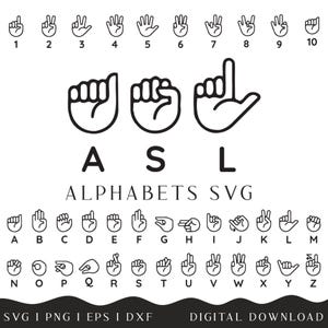 May include: A black and white graphic illustrating the American Sign Language (ASL) alphabet and numbers 1 to 10. The image shows hand gestures for each letter and number, with the letters A, S, and L emphasised.