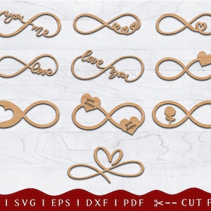 Puede incluir: Una colección de símbolos de infinito de madera en color marrón claro. Algunos presentan corazones, las palabras "Love" y "You", y espacios para personalización. La imagen también muestra información sobre tipos de archivos en la parte inferior.
