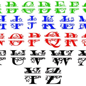 Peut inclure: Collection de lettres monogrammes divisées de différentes couleurs. Les lettres A à G sont vertes, H à M sont bleues, N à S sont rouges et T à Z sont noires. Chaque lettre présente un motif floral orné.