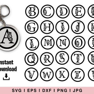 May include: A silver keychain with a round charm featuring the letter "A" and a butterfly design. The image also displays a set of alphabet letters, each with a butterfly, in a circular frame. Text reads "Instant Download".