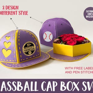 May include: Three baseball cap-shaped boxes in purple and yellow. One has heart cutouts, another has a baseball graphic, and the third holds red roses. Text includes "2 DESIGN OF DIFFERENT STYLE" and "BASSBALL CAP BOX SVG".