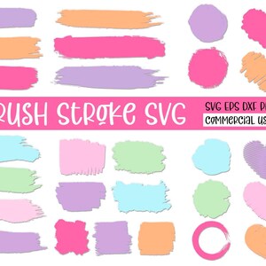 May include: A collection of colorful brush stroke designs in various shapes, including rectangles, circles, and hearts. The image features a variety of pastel colors, such as pink, purple, orange, and blue. Text at the bottom reads "BRUSH STROKE SVG" and "COMMERCIAL USE FILES."