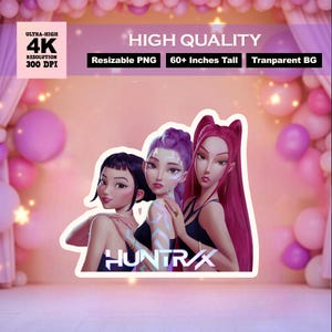 May include: A digital illustration of three women with black, purple, and red hair. The image includes the text "HUNTRAX" and details about the image quality, including "60+ Inches Tall" (approximately 152 cm). The background is a soft pink.