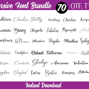 Puede incluir: Una imagen digital que presenta un paquete de fuentes cursivas. La imagen muestra una variedad de fuentes elegantes y manuscritas, incluyendo "Bellarose", "Claudia" y "Shelly". El texto "Cursive Font Bundle" y "Instant Download" también es visible.
