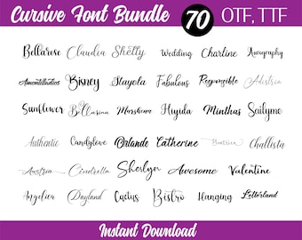 May include: A digital download graphic featuring a cursive font bundle. The image displays a variety of elegant, handwritten fonts, including "Bellarose," "Claudia," and "Shelly." The text "Cursive Font Bundle" and "Instant Download" are also visible.