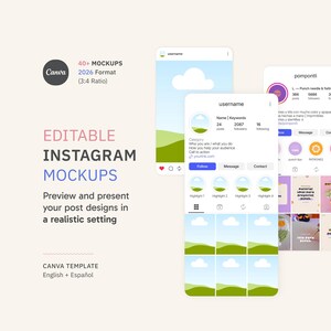 May include: A digital mockup template for Instagram posts, featuring three phone screens displaying profile and post designs. The template includes the Canva logo, text that reads "Editable Instagram Mockups," and a preview of post designs in a realistic setting.