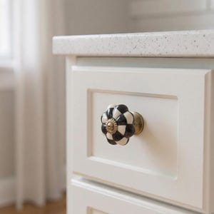 May include: A decorative cabinet knob featuring a rounded, flower-like shape with a black and white checkered pattern. The center of the knob has a small, circular brass-toned metal accent with a screw head visible in the middle of the design.