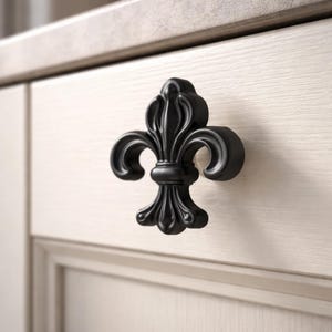 May include: A black fleur-de-lis cabinet knob. The decorative hardware is mounted on a light-colored wooden cabinet door. The knob has a detailed, ornate design and a matte finish.