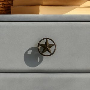 May include: Close-up of a light gray drawer with a bronze star-shaped knob. The knob is surrounded by a rope-like design. The drawer is part of a larger piece of furniture, with books visible in the background.