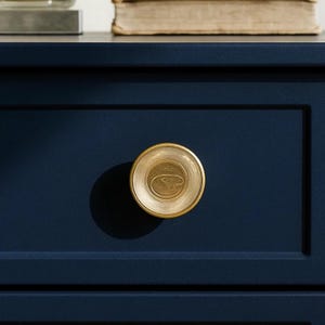 May include: Close-up of a navy blue drawer with a gold-toned, circular drawer pull. The pull has a detailed design in the center and a brushed finish. The drawer is part of a larger piece of furniture.