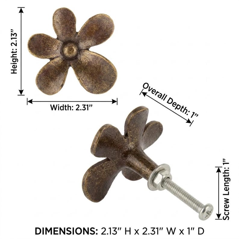 May include: Bronze-toned flower-shaped cabinet knob. Dimensions: 2.13" H x 2.31" W x 1" D. The knob has a screw length of 1". The flower has five petals and a central circular detail. Ideal for adding a decorative touch to furniture.