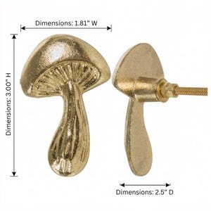 May include: Two gold-colored mushroom-shaped cabinet knobs. The knobs are 3.00 inches high, 1.81 inches wide, and 2.5 inches deep. The mushroom caps have detailed gills. The stems are curved. The knobs are designed to be attached to a cabinet or drawer.