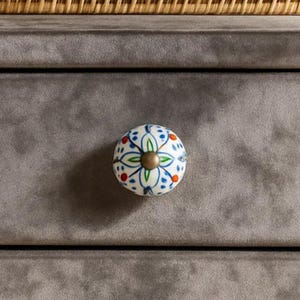 May include: A decorative ceramic drawer pull with a floral design. The knob features a white base with blue, green, and red accents. A brass-colored metal screw is visible in the center. The knob is set against a gray surface.