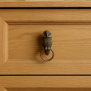 May include: A bronze-colored owl-shaped drawer pull with a ring handle, mounted on a light brown wooden drawer. The owl is detailed with textured feathers and a focused gaze, adding a touch of nature-inspired decor.