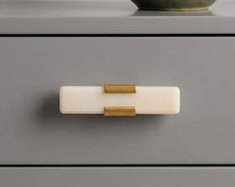 White Rectangle Marble Knob Door Drawer Pull Kitchen Cabinet Dresser Handle